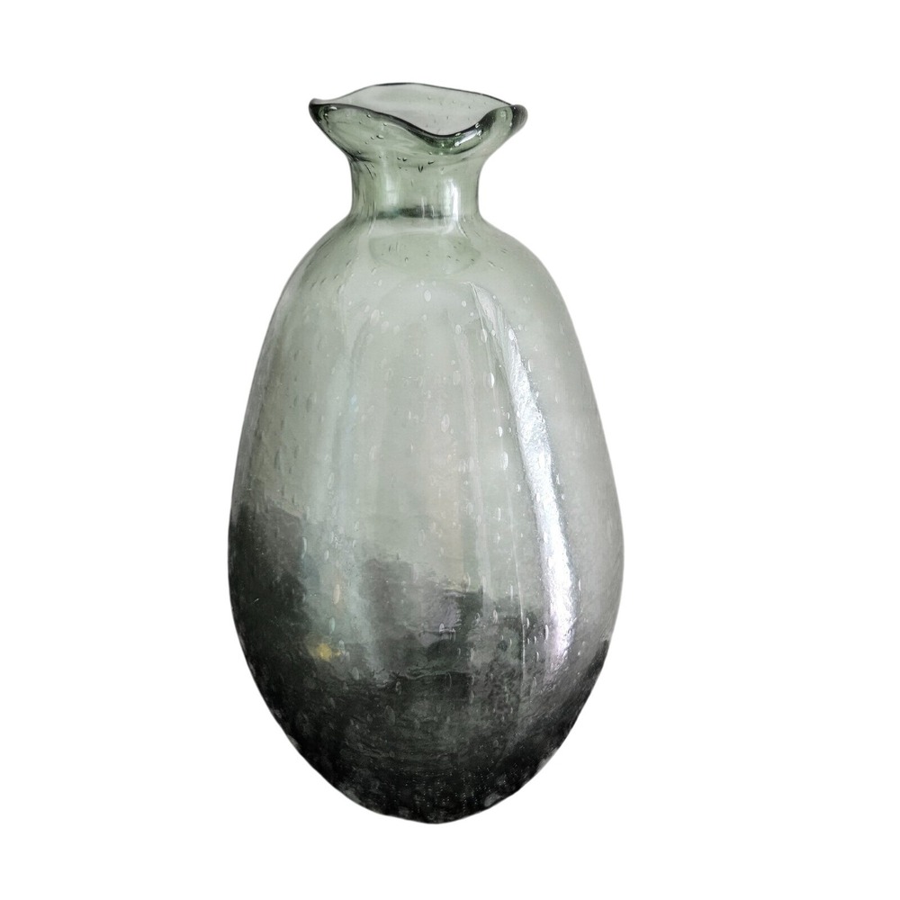 Large Grey Green Seeded Glass Vase Ruffled‎ Rim 12x7 Artisan Decorative Bottle